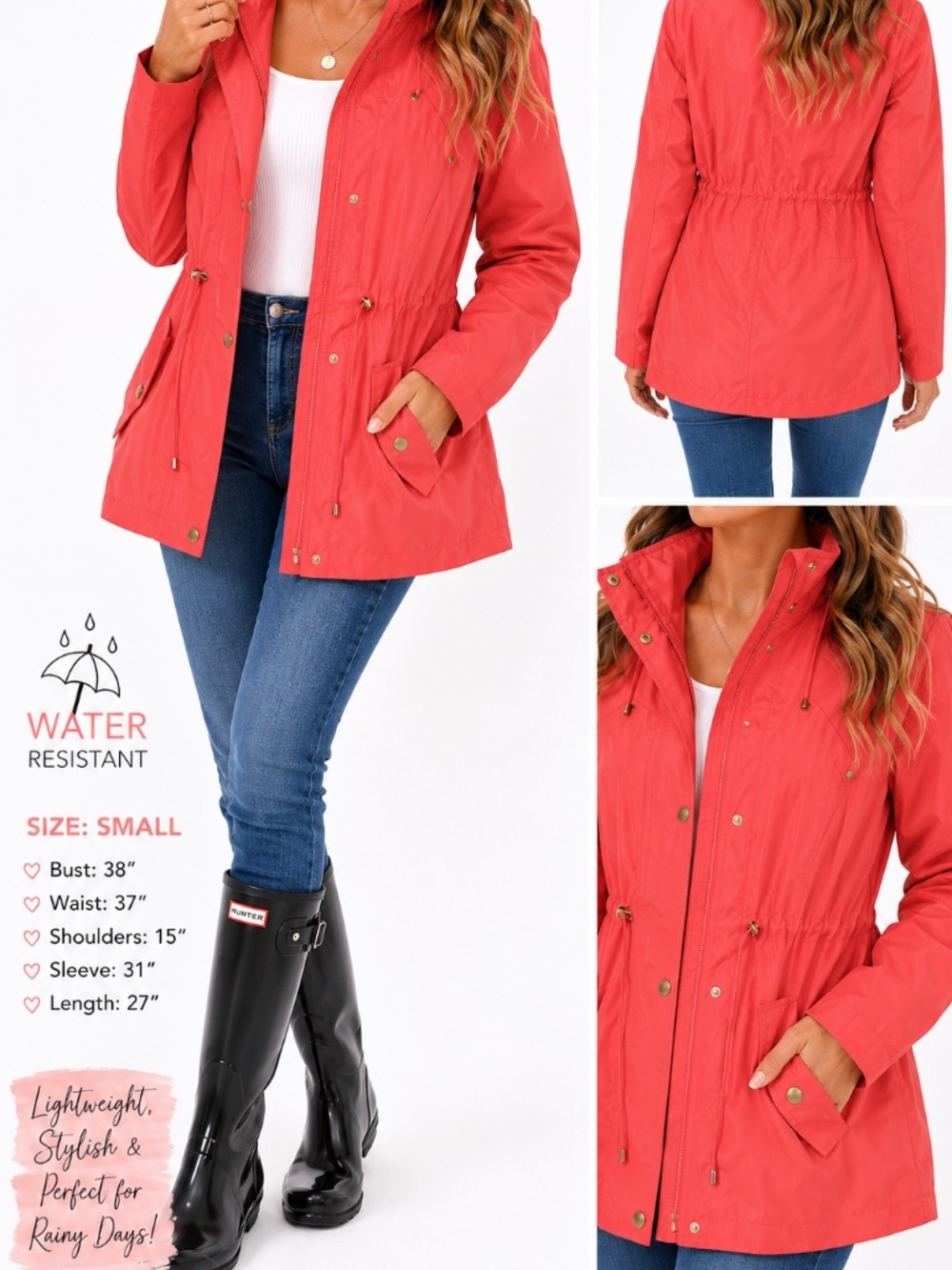 Charter Club Coral Pink Water Resistant Hooded Rain Jacket Coat Small - Picture 2 of 12